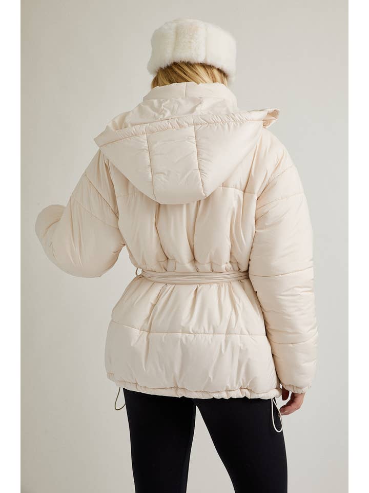 CREAM MID LENGTH PUFFER JACKET WITH REMOVABLE HOOD for wholesale on Faire2