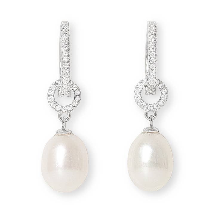 Double pave circle earrings with cultured freshwater pearls for wholesale by Pearls of the Orient