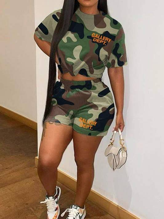 Flarix - Wholesale Lounge Set - Women's - camou graphic tee and shorts set