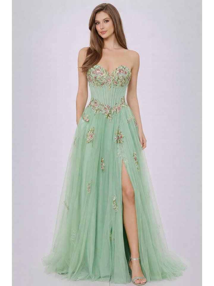 PROM-BALL GOWN WITH FLORAL SEQUINED EMBROIDERY for wholesale by FashionShowcase