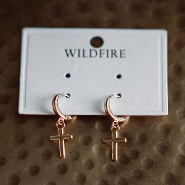 Golden Cross Mini Huggie Earrings for wholesale by Wildfire LLC