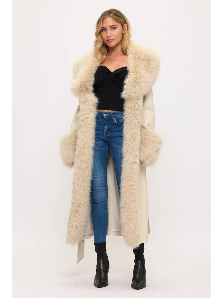 Coalition Apparel Inc - Wholesale Fur/faux fur coat – Women's - CLALC0156: Long Faux Leather & Fur Trim Coat5