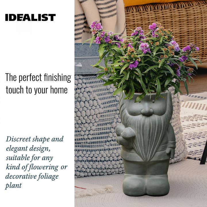 Grey IDEALIST Gnome with Mushrooms Oval Outdoor Plant Pot for wholesale on Faire4