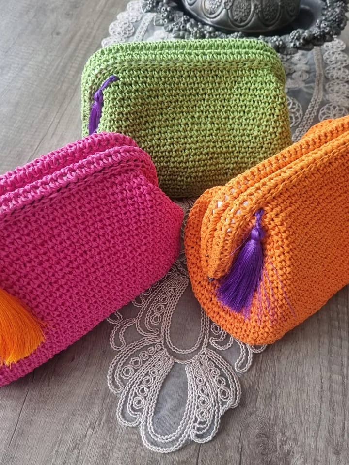 Raffia Crochet Colorful Clutch Bag with Tassel - Woven Straw for wholesale by Design company-Fatma Balkir