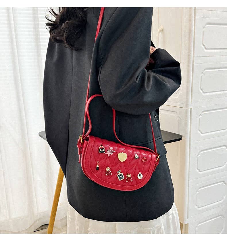 MB Fashion Wholesale - Wholesale Crossbody Bag - Women's - Every Fashion Charm Saddle Crossbody Bag – Quilted PU Leather with Cute Charms 27718