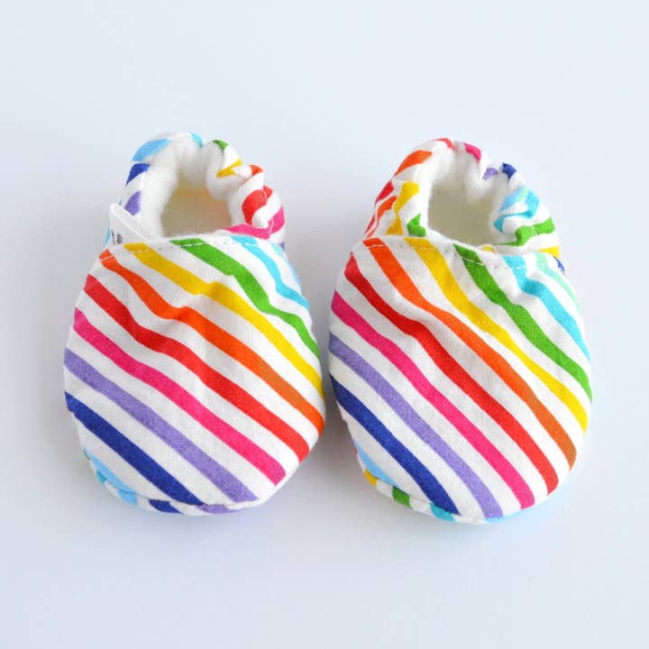 Stay-On Baby Shoes - Baby Mocs - Rainbow Stripes for wholesale by Waku Waku Baby