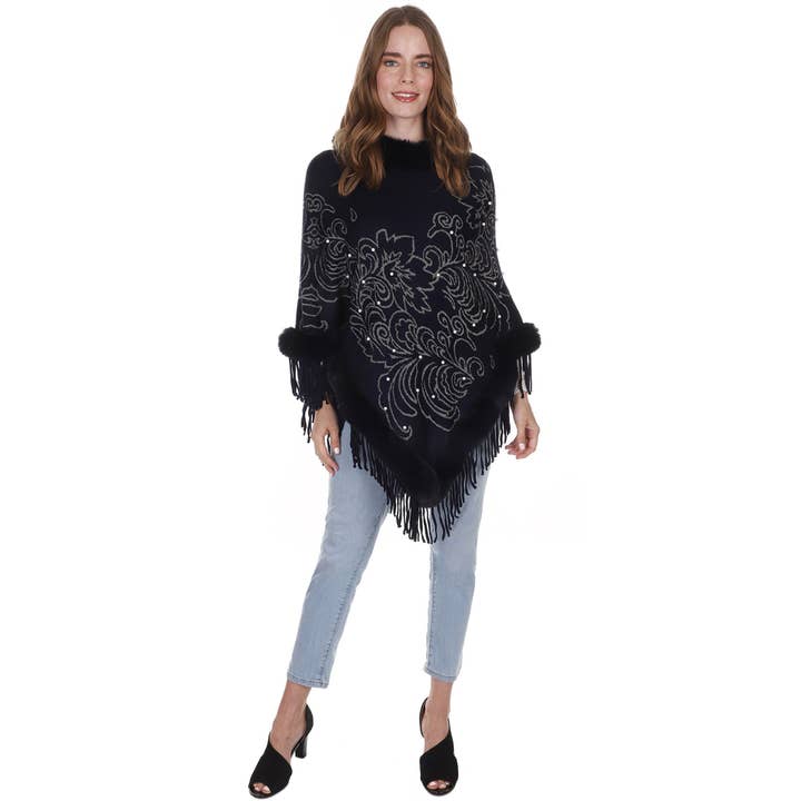 TAPA fashion - Wholesale Poncho - Women's - Leaf Pattern Pearl Deco Fur Fringed Poncho Po513-27. (6pc)8