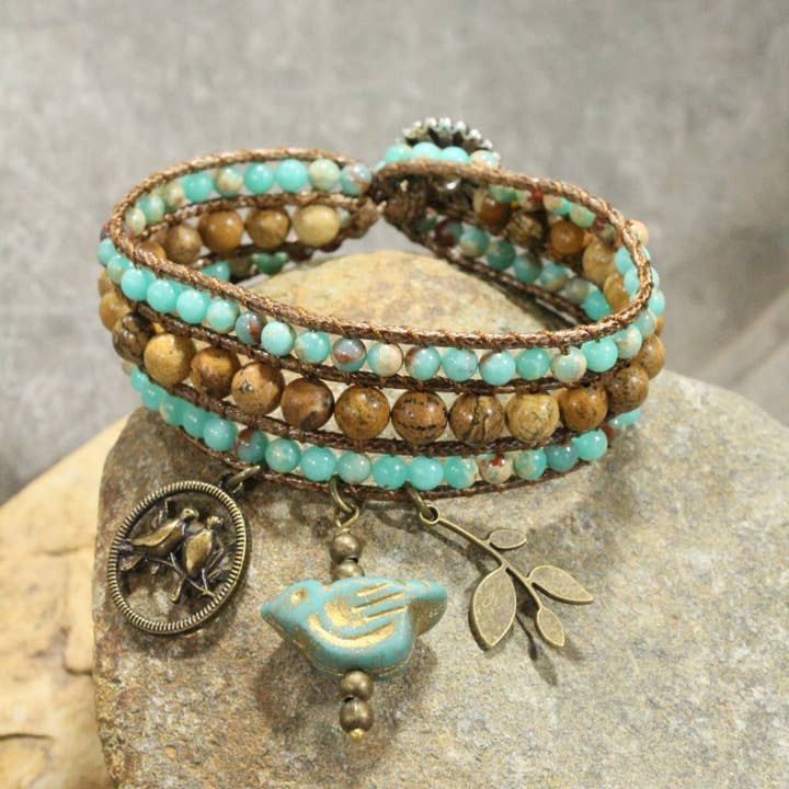The Primitive Peddler, Inc. - Wholesale Charm/Dangle Bracelet - Bronze, Leather, & Stone Bird Charm Bracelet