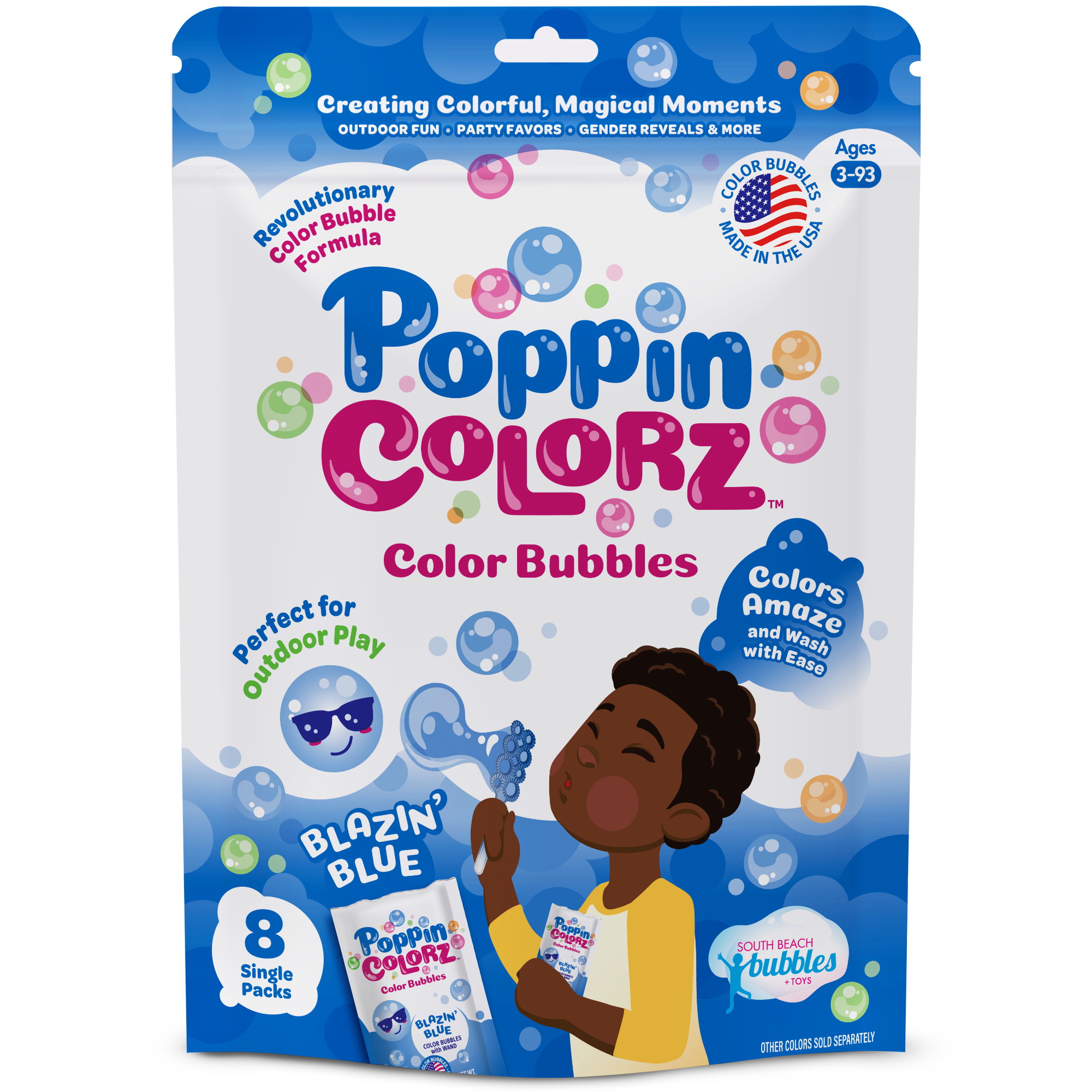 South Beach Bubbles - Vente Baguette à bulles – enfant - PoppinColorz Blazin' Blue Color Bubbles-8 Party Favors (étui)6