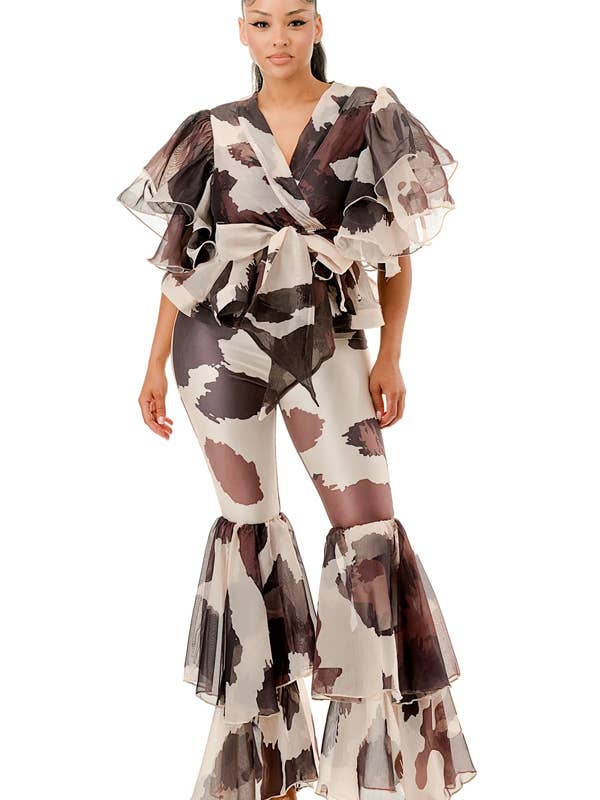 Plus Ruffles Sleeve Blouse Top & Bell Pants Set for wholesale by J2 FASHION