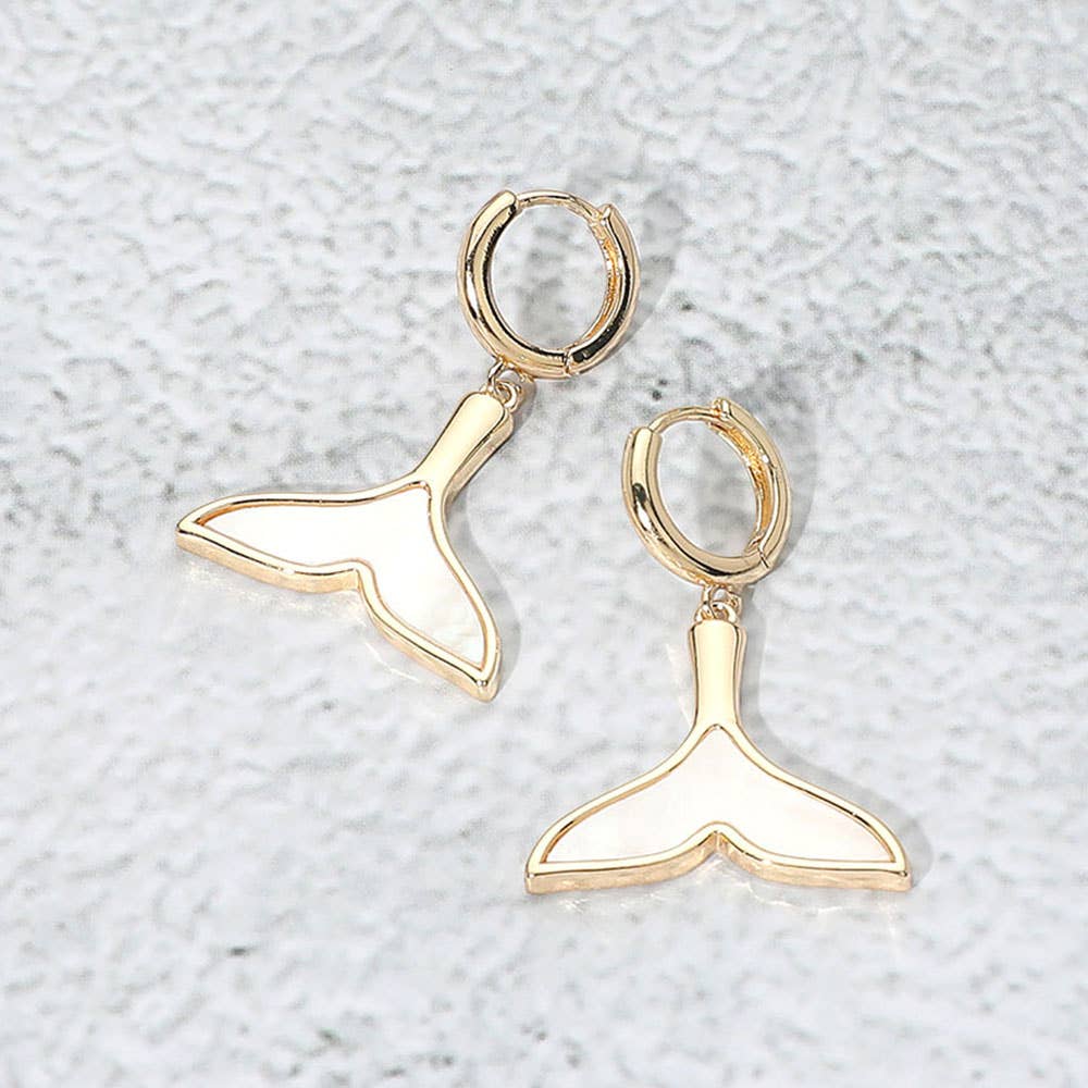 Sensibling Corp. - Wholesale Huggie Earrings - Mother of Pearl Inlay Whale Tale Dangle Earrings