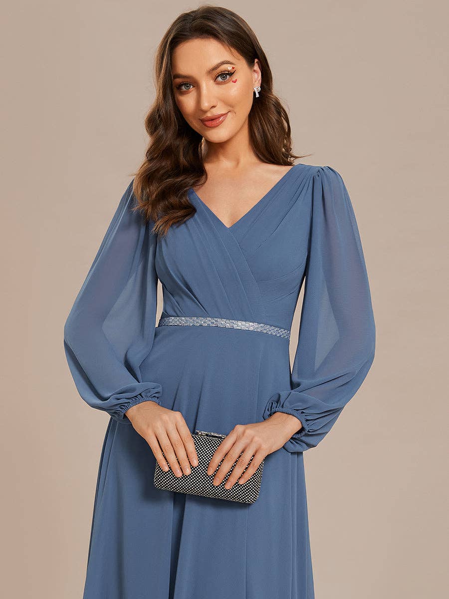 Ever-Pretty - Wholesale Gown - Women's - Elegant waisted chiffon V-neck Long Sleeve guest Dress2