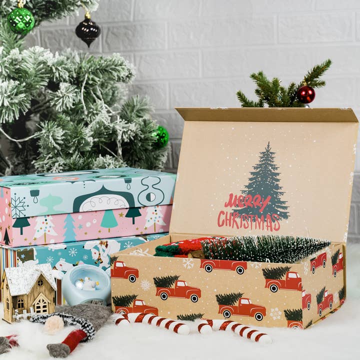 LA Ribbons Wholesale - Wholesale Gift Box - 14" x 9" x 4.3" Red Truck w/ Christmas Tree Holiday Gift Box