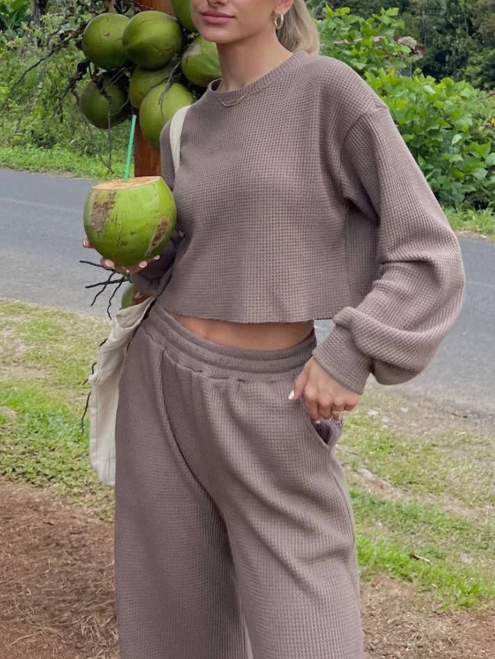 HIDDENBRAND - Wholesale Lounge Set - Women's - Waffle crop long sleeve top wide leg pant two piece set18