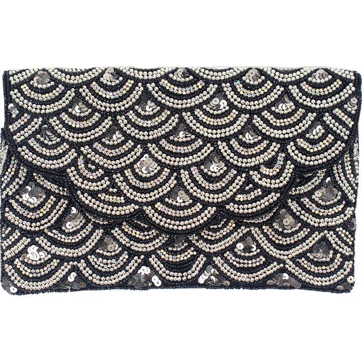 BLACK & SILVER SEQUINS BEADED CLUTCH for wholesale by Pizzazz, Inc.