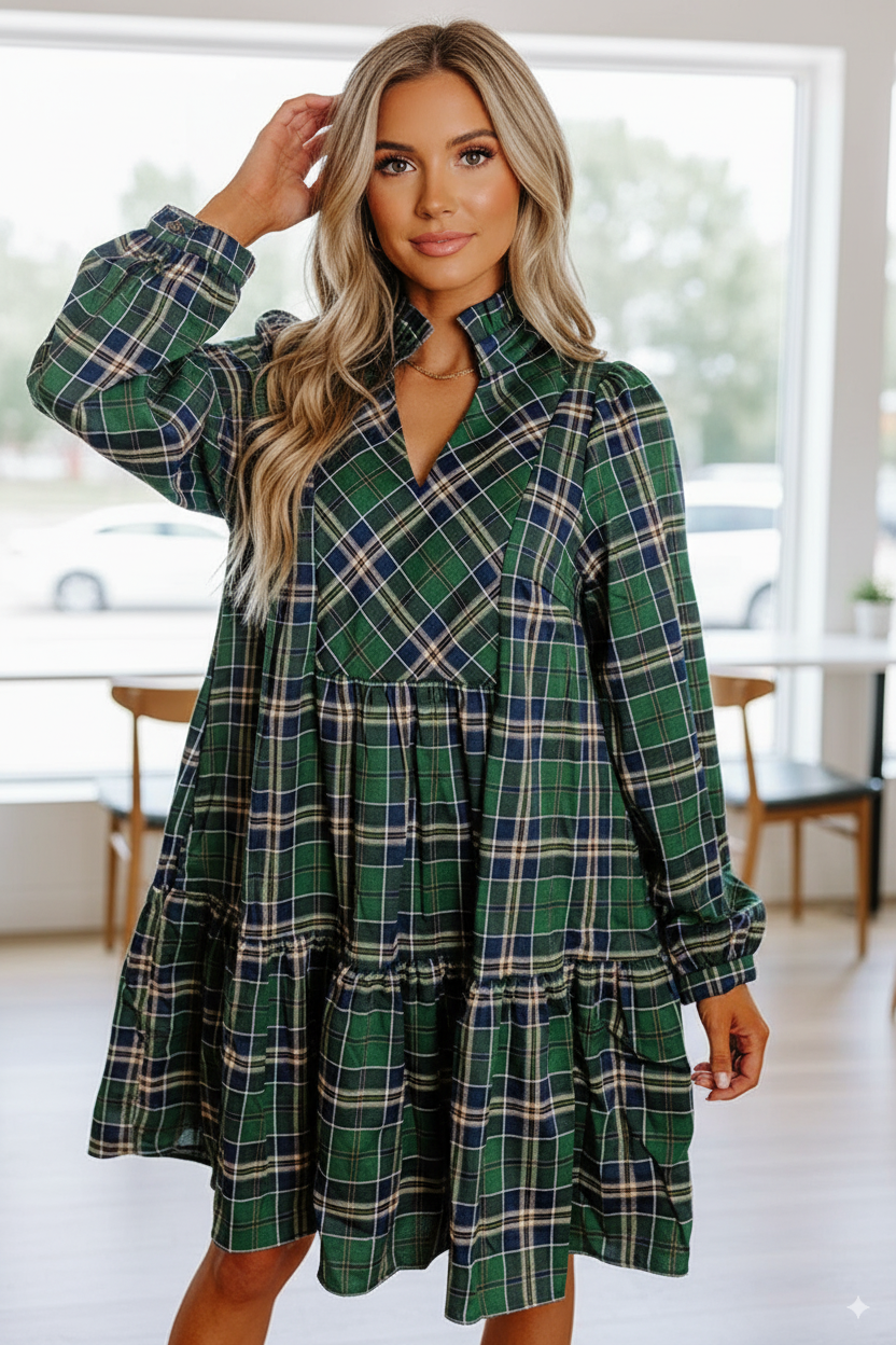 Green Casual Plaid Frill-Neck Long-Sleeve Mini Dress for wholesale on Faire0