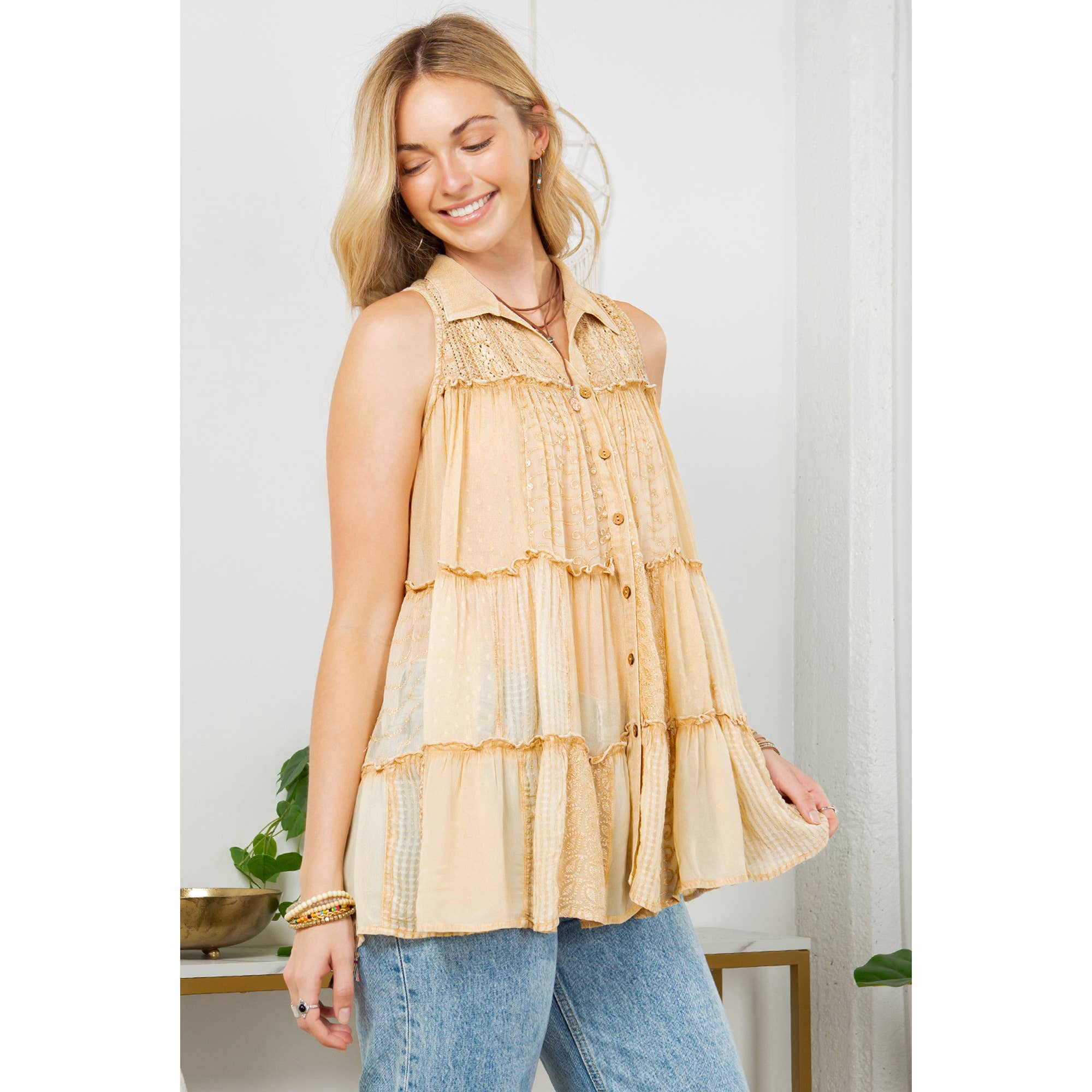 Young Threads - Wholesale Button Down Shirt - Women's - Sleevless Jhabla Top Emb Stonewashed4