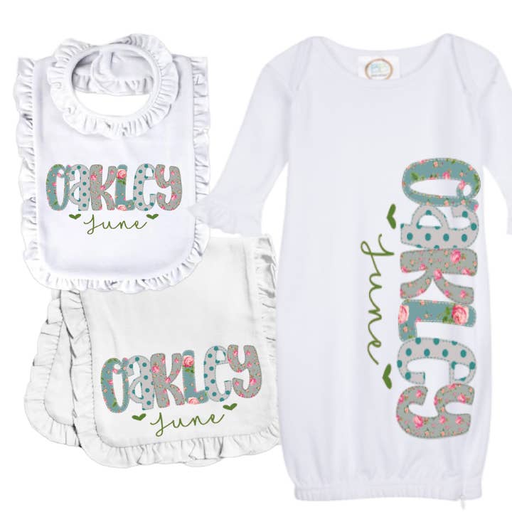 Baby Gown, Bib, & Burp Cloth Combo for wholesale by The Sassy Seamstress