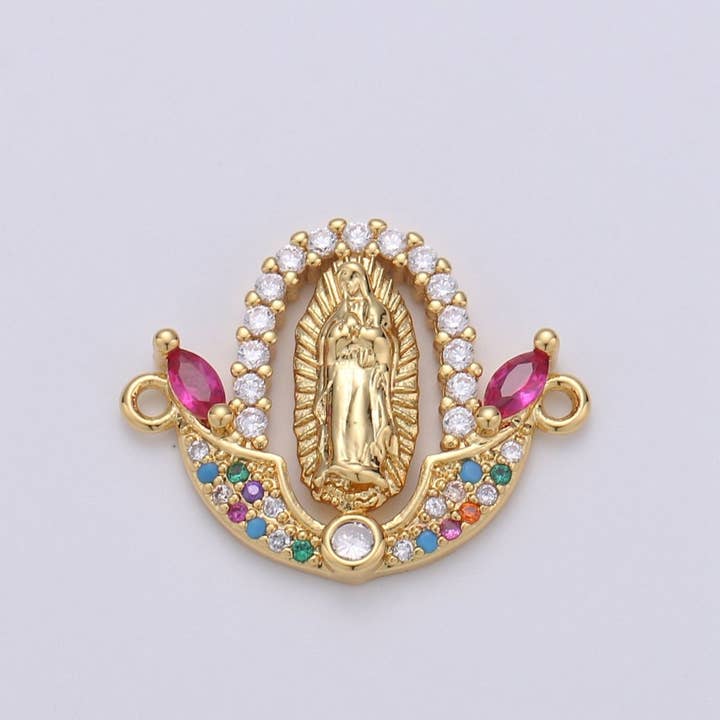 Gold Filled Divine Virgin Mother Immaculate Mary Micro Pave Turquoise CZ Cubic Zirconia Flower Bracelet Charm for Necklace Earrings Supply F-452 for wholesale by Aim Eternal