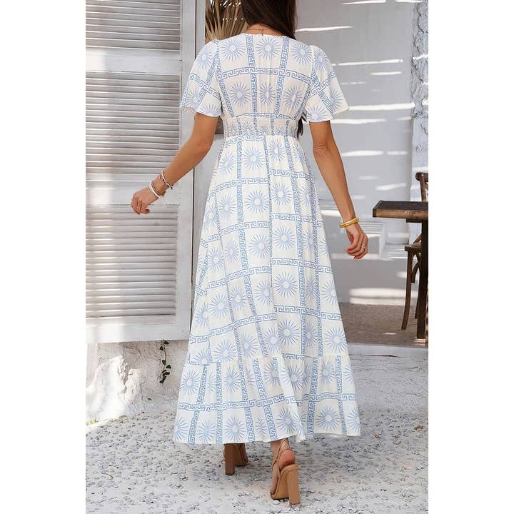 Elings - Wholesale Dress - Women's - Allover Print Deep V Elastic Waist Band Maxi Dress3