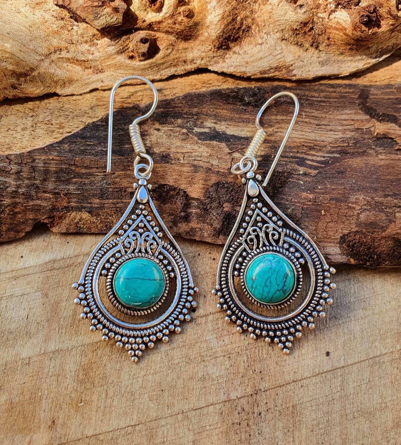 Kaali Boutique – wholesale Dangle earrings – Turquoise Silver Drop Dangle earrings / Birth Stone / Ethnic / rustic, yoga, hippie, gypsy, pretty, psy, boho, bohemian, festival4