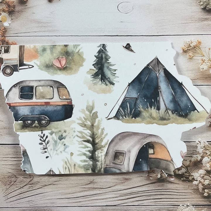 Camping scene Iowa greeting card - single for wholesale by Iowa Paper Farm