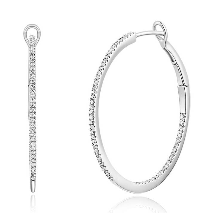 Creole Hoop with Diamonds 30 mm, 18 K White Gold for wholesale by Leaf Jewelry