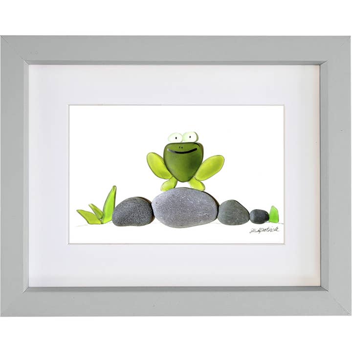 UrchinArtworks - Wholesale Art Print - Happy Frog - Sea Glass & Pebble Wall Art Picture Decor