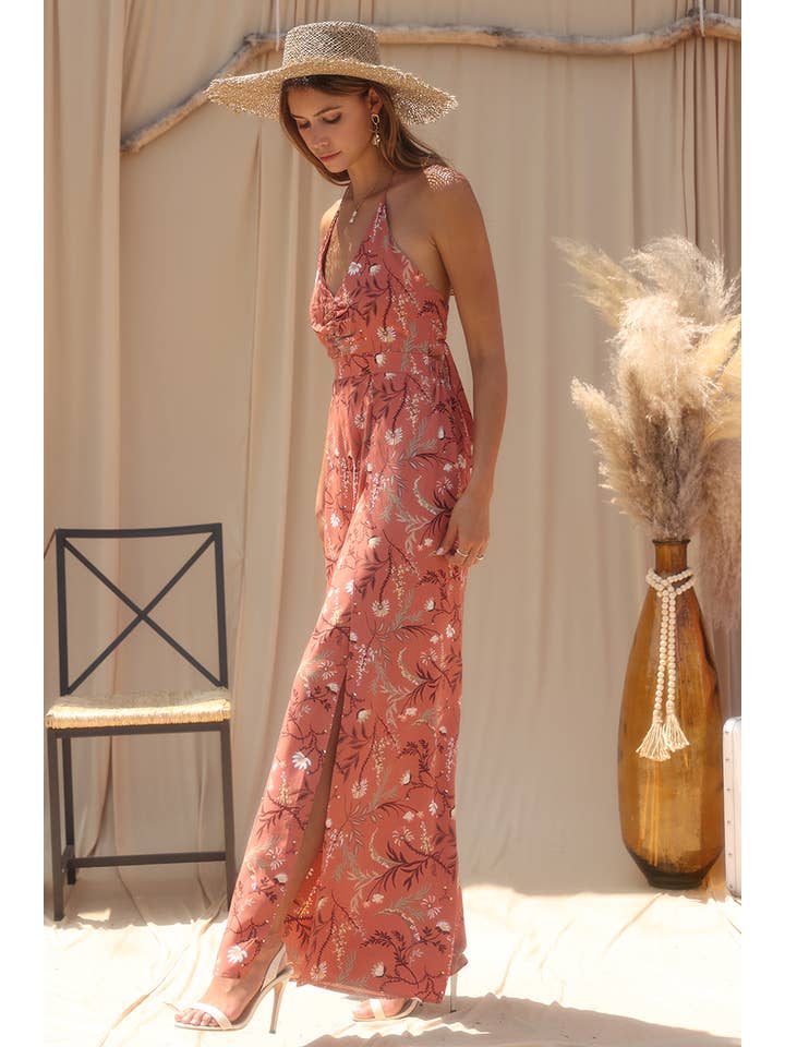 Endless Blu - Wholesale Jumpsuit - Women's - UR0117 FLORAL PRINTED HALTER NECK JUMPSUIT
