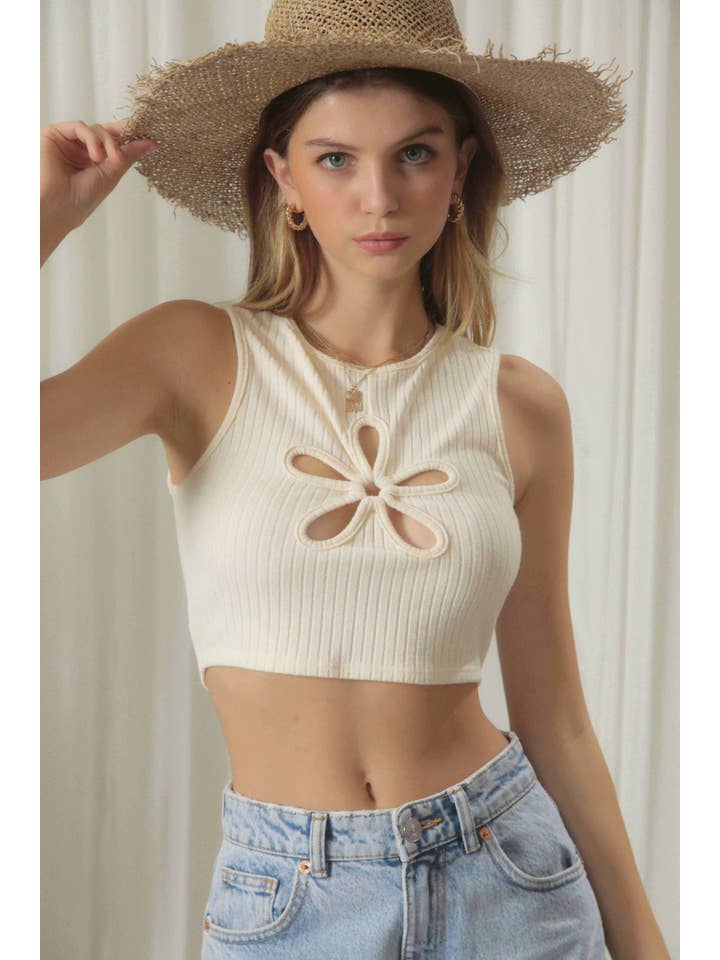 Endless Blu - Vendita all'ingrosso Top in maglia - Donna - TOP CORTO RITAGLIATO FLOREALE A COSTE DJT52122