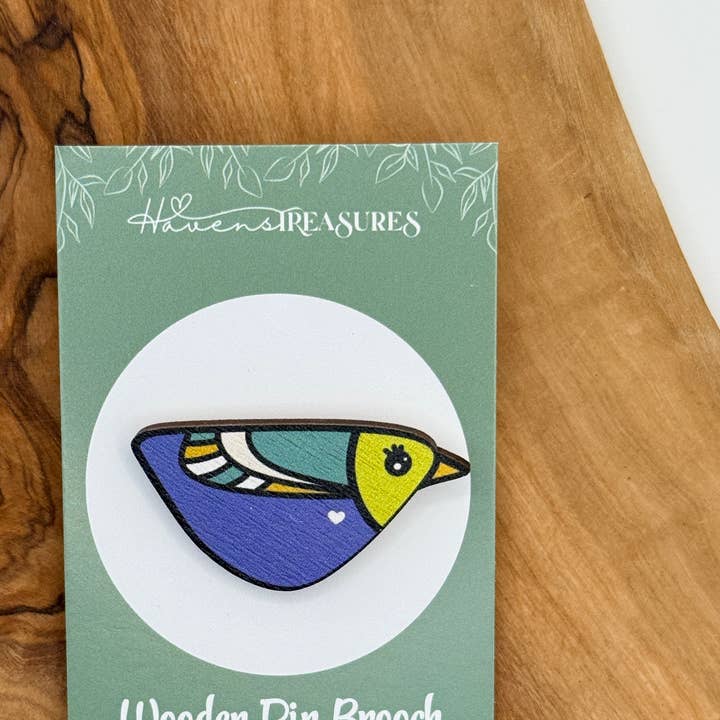 Blue Bird Wooden Brooch Pin for wholesale by Havens Treasures