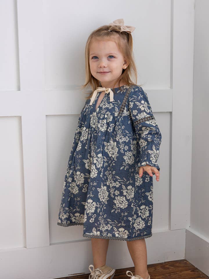 Grey Floral Printed Front & Bottom Lace Long Sleeves Gathere : Infant : Baby : Toddler : Tween : Kids for wholesale by Yo Baby