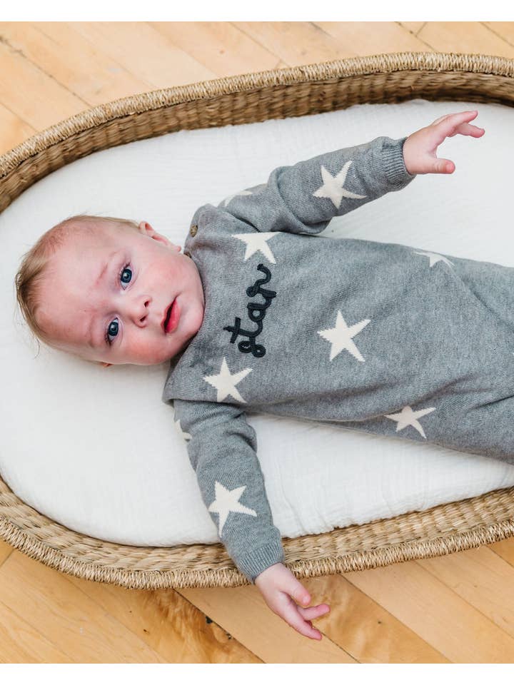Heather Grey Star Jacquard Baby Sweater Knit Jumpsuit (Organic Cotton) for wholesale on Faire