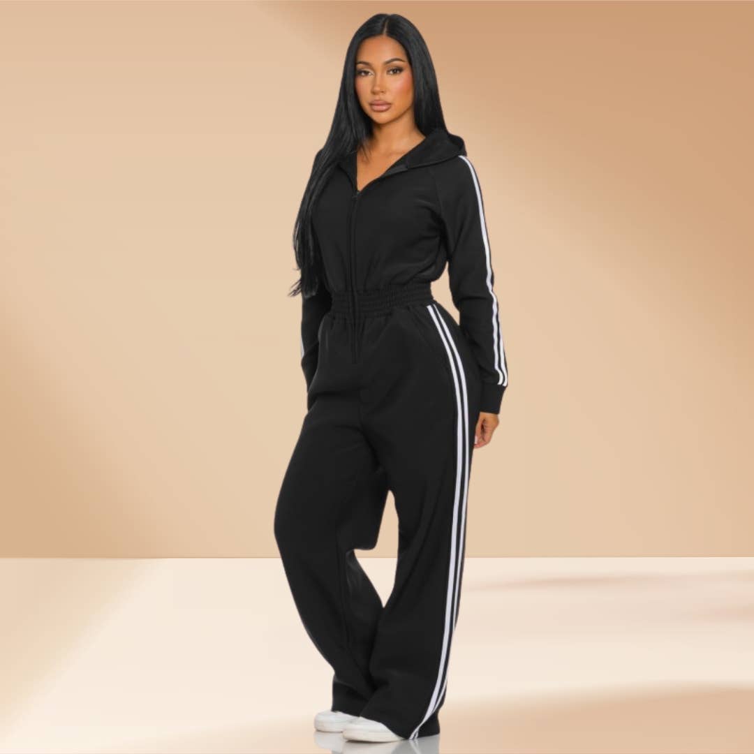 Celystrends - Wholesale Jumpsuit - Women's - Jumpsuit Hooded Lined Fleece Side Stripes 0