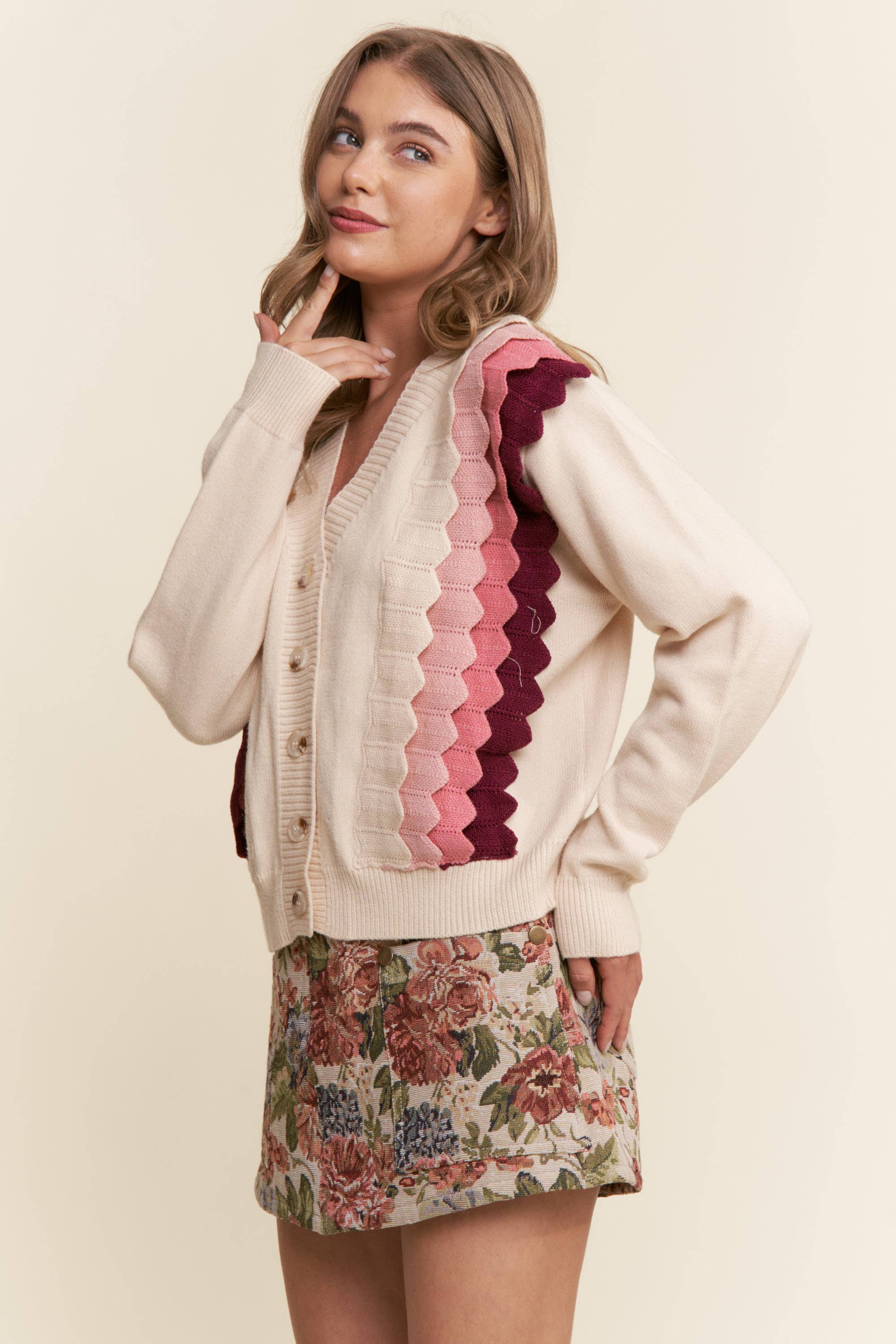 Lyserød Combo Multifarvet lagdelt cardigan med knapper for engroshandel på Faire3