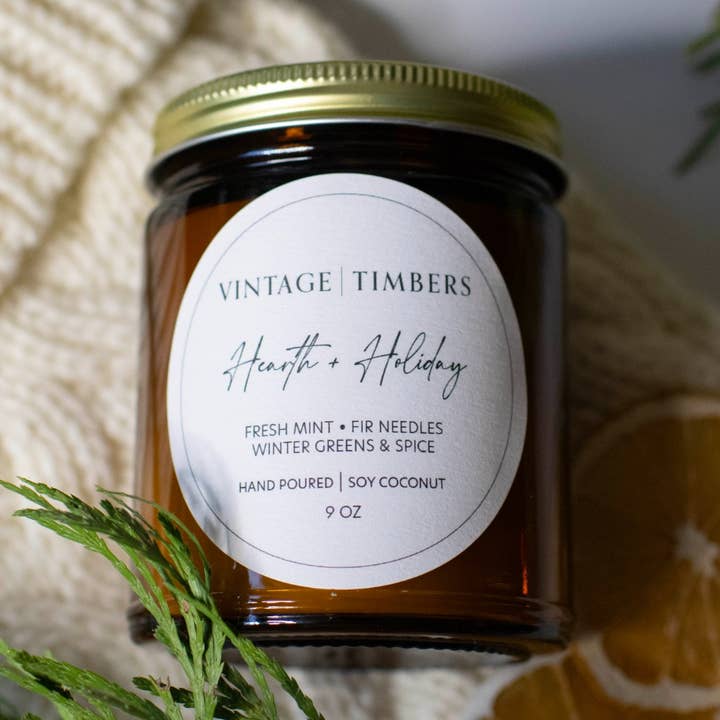 Hearth + Holiday 9oz Soy Coconut Candle for wholesale by Vintage Timbers Candle by Lola & Dunelly