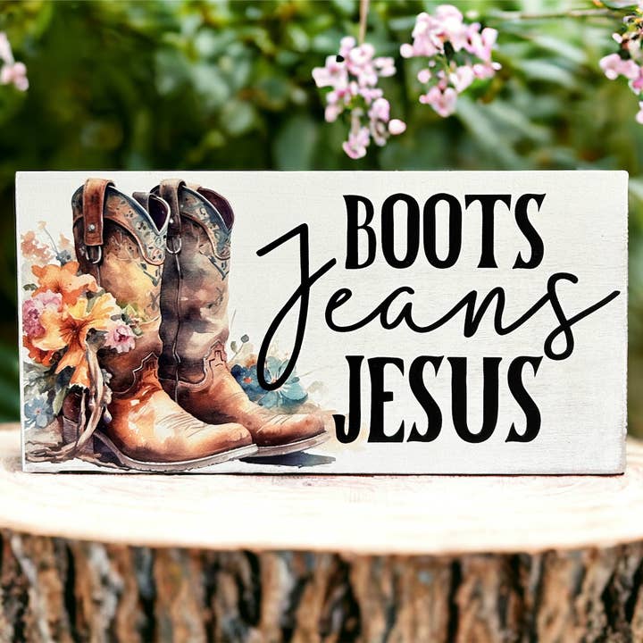 Boots, Jesus, Jeans - Rustic Country Wood Sign for wholesale by Inkwood Crafters