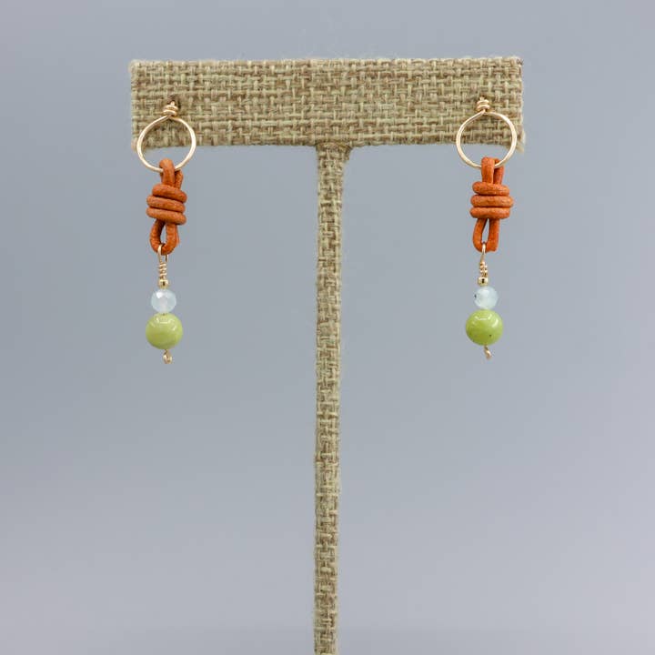 The Stitch Alliance - Wholesale Dangle Earrings - Peridot & Aquamarine Bead Earrings / 14k Gold Fill / Leather