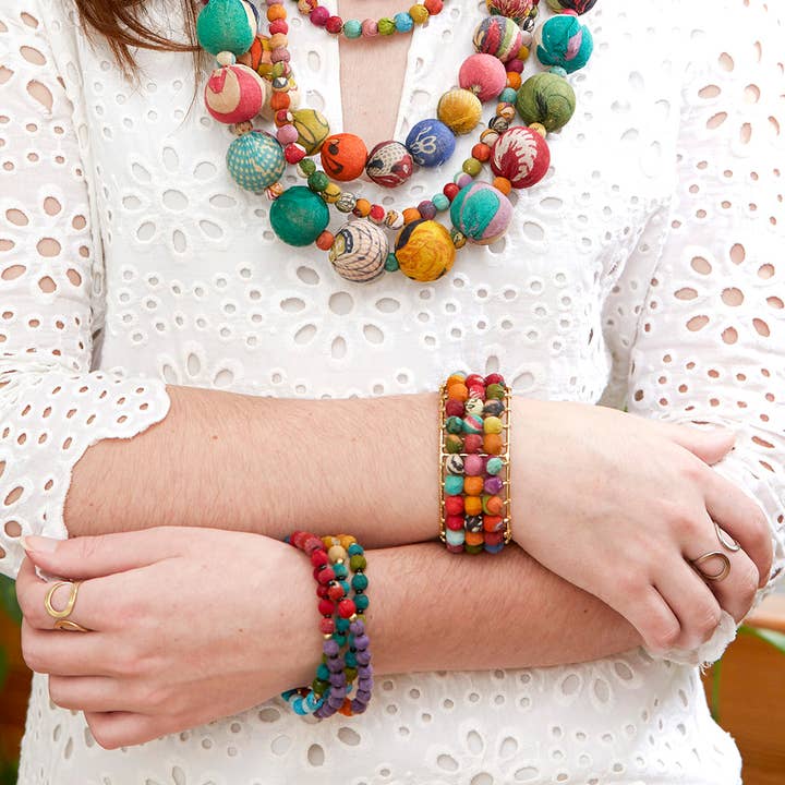 WorldFinds - Wholesale Cuff Bracelet - Triple Stacked Kantha Cuff