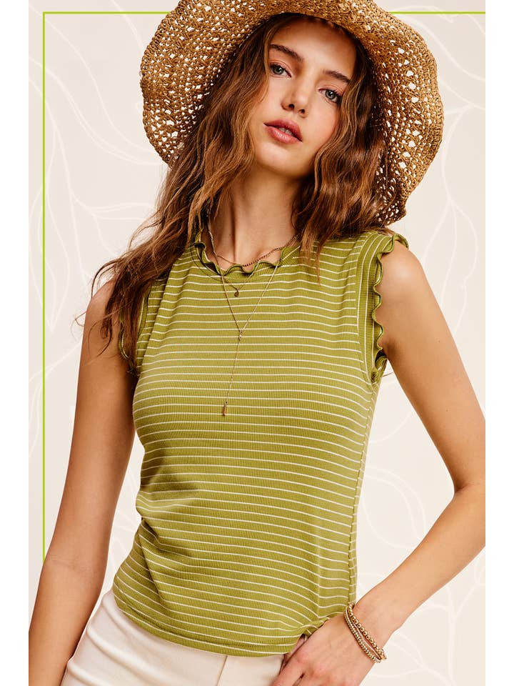 La Miel - Wholesale Tank Top - Women's - HCT7692-Stretchy Brushed Ruffle Sleeve Stripe Tank Top