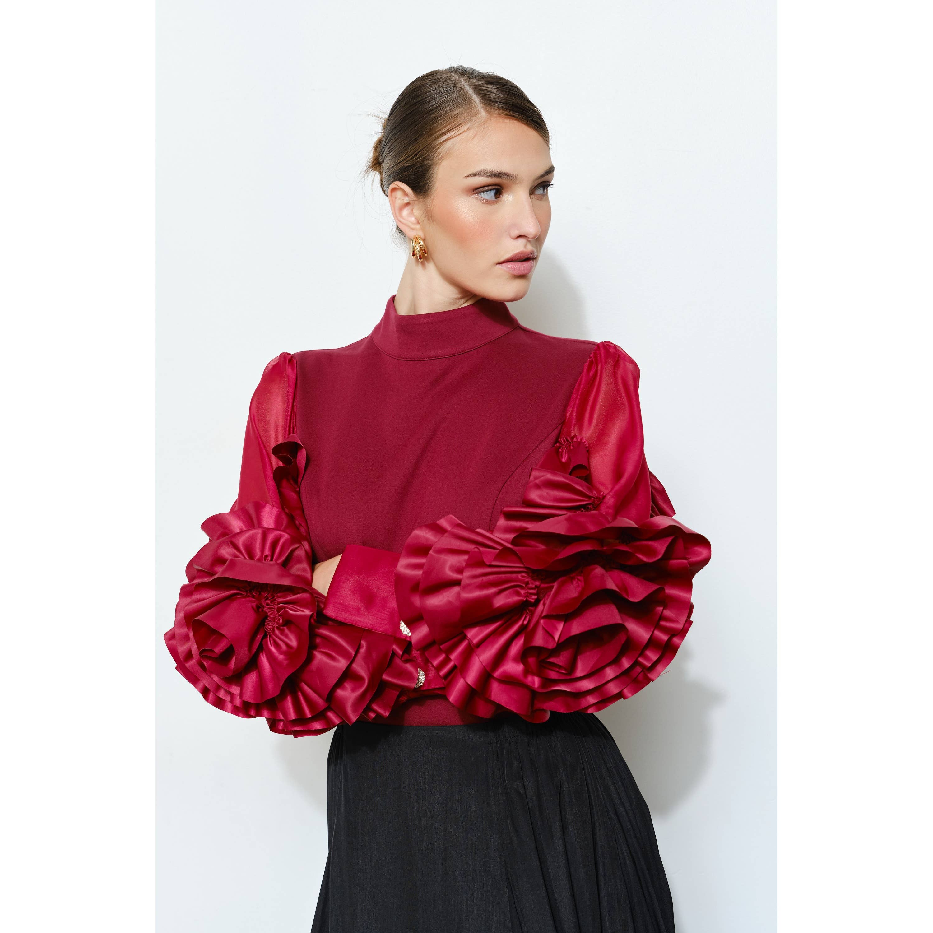 INA - Wholesale Blouse - Women's - Rosette Ruffle Sheer Sleeve Jersey Top7