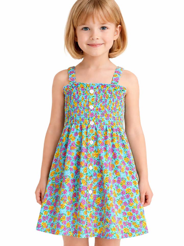 GKD-3105B-L60 Robe fleurie pour fille avec smocks et boutons pour la vente par Cutie Patootie Clothing