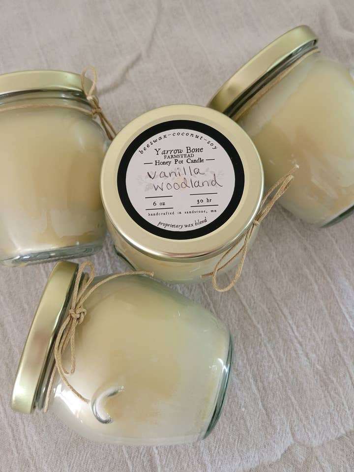 Beeswax Soy Coconut Honey Jar Candles, Choice of Fall Scents for wholesale by Yarrow Bone Farmstead