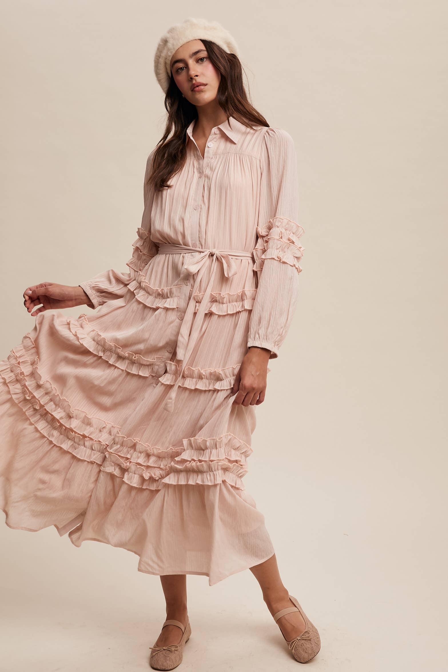 Listicle - Wholesale Dress - Women's - Ruffled Belted Maxi Shirt Dress LD149618
