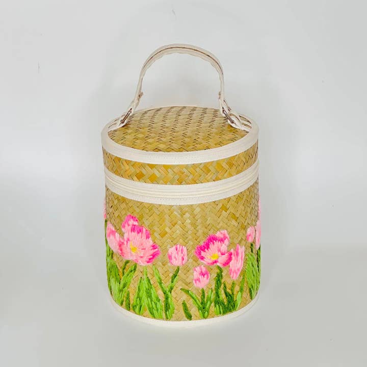 Beige & Co Thai Crafts - Wholesale Basket - Floral Garden Hand Embroidery on Natural Hand Woven Basket6
