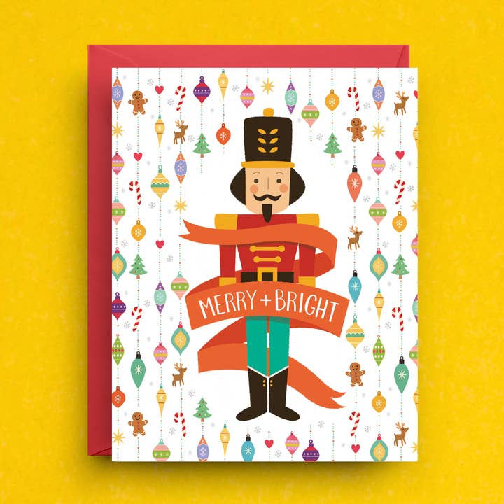 Nutcracker Christmas Card - Merry + Bright Holiday Greeting for wholesale by Nicole Marie Paperie