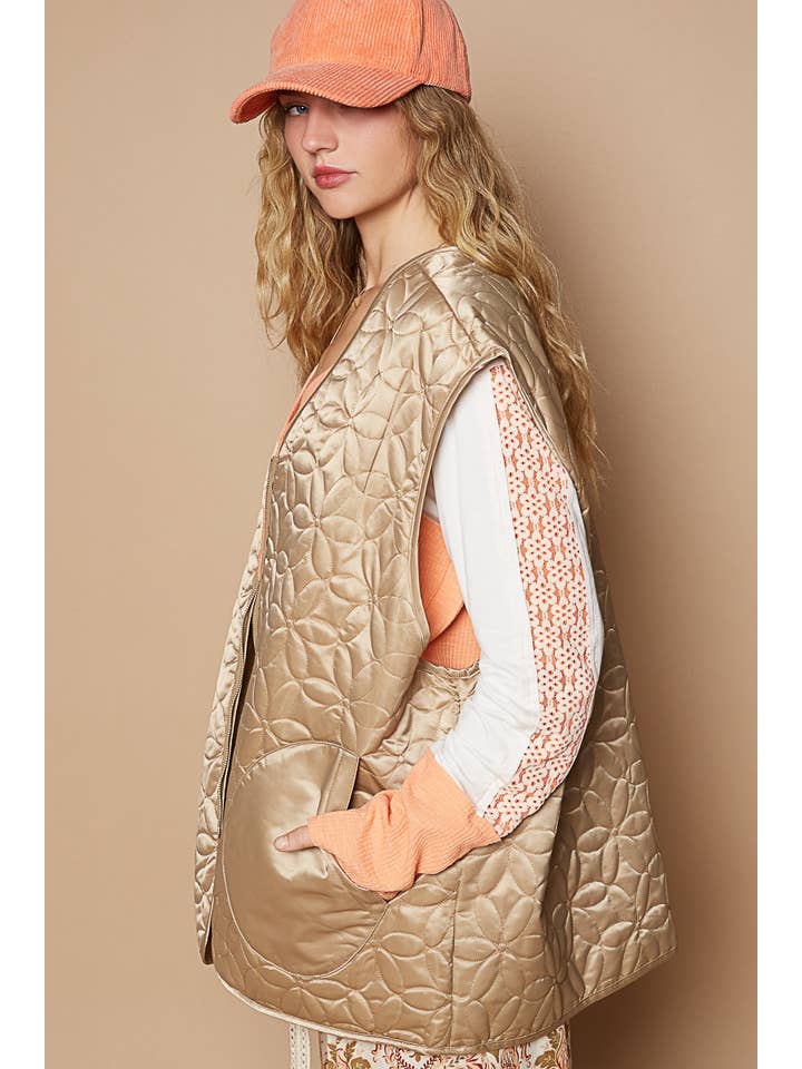 MOCHA Out seam zipper pockets floral patterned quilted vest SALE for wholesale on Faire4