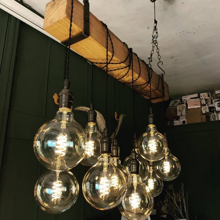 MooBoo Home – wholesale Chandelier/hanging light – Rustic Oak Beam Chandelier with Wrapped Cables and Steel Brackets7