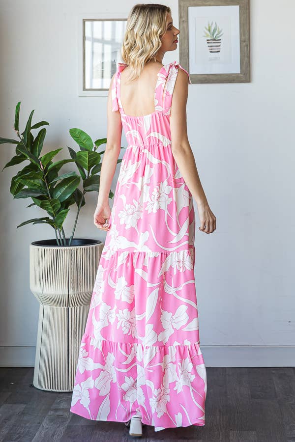 7th Ray - Vendita all'ingrosso Vestito - Donna - Vestito lungo a balze con spalline a fiocco e scollo quadrato floreale D59291