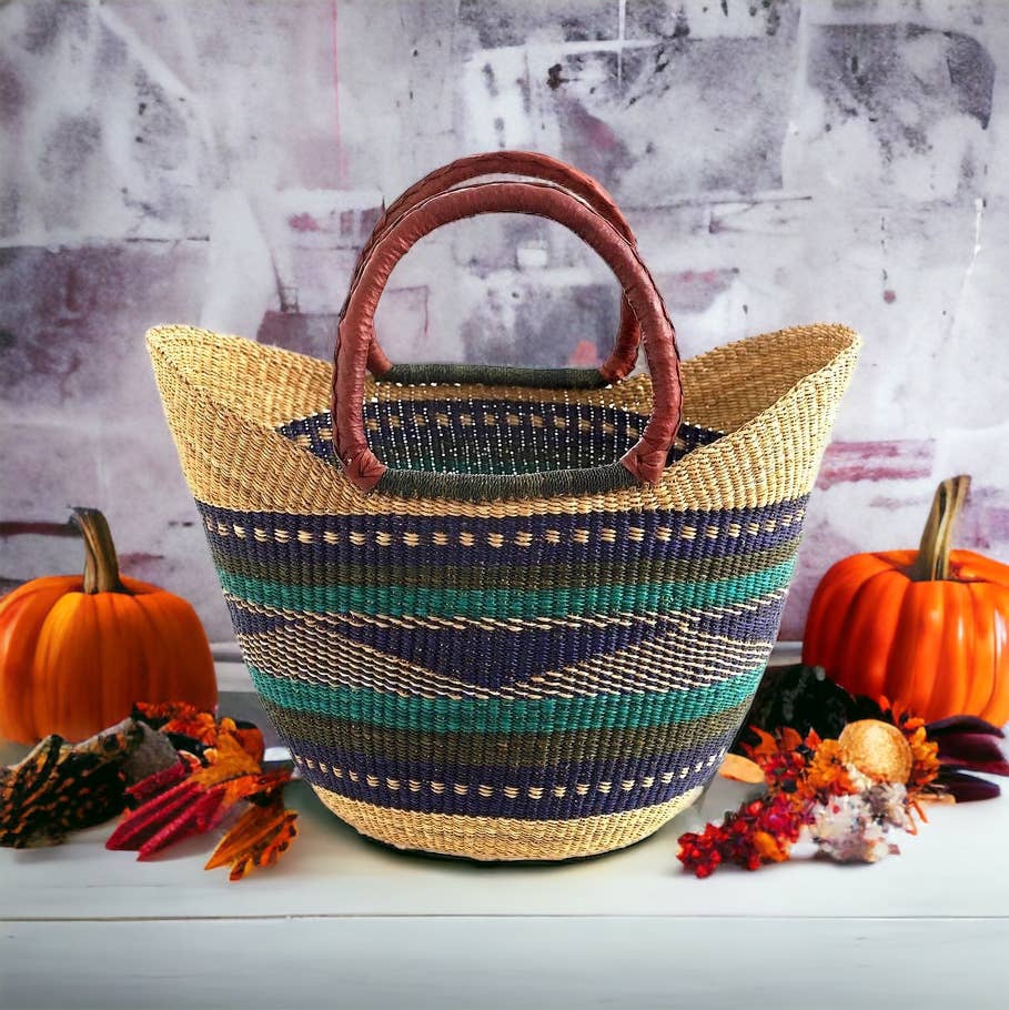 The African Home Goods - Wholesale Beach Bag - Green & Blue U-Shopper Ghana Beach Tote Bag/Basket4